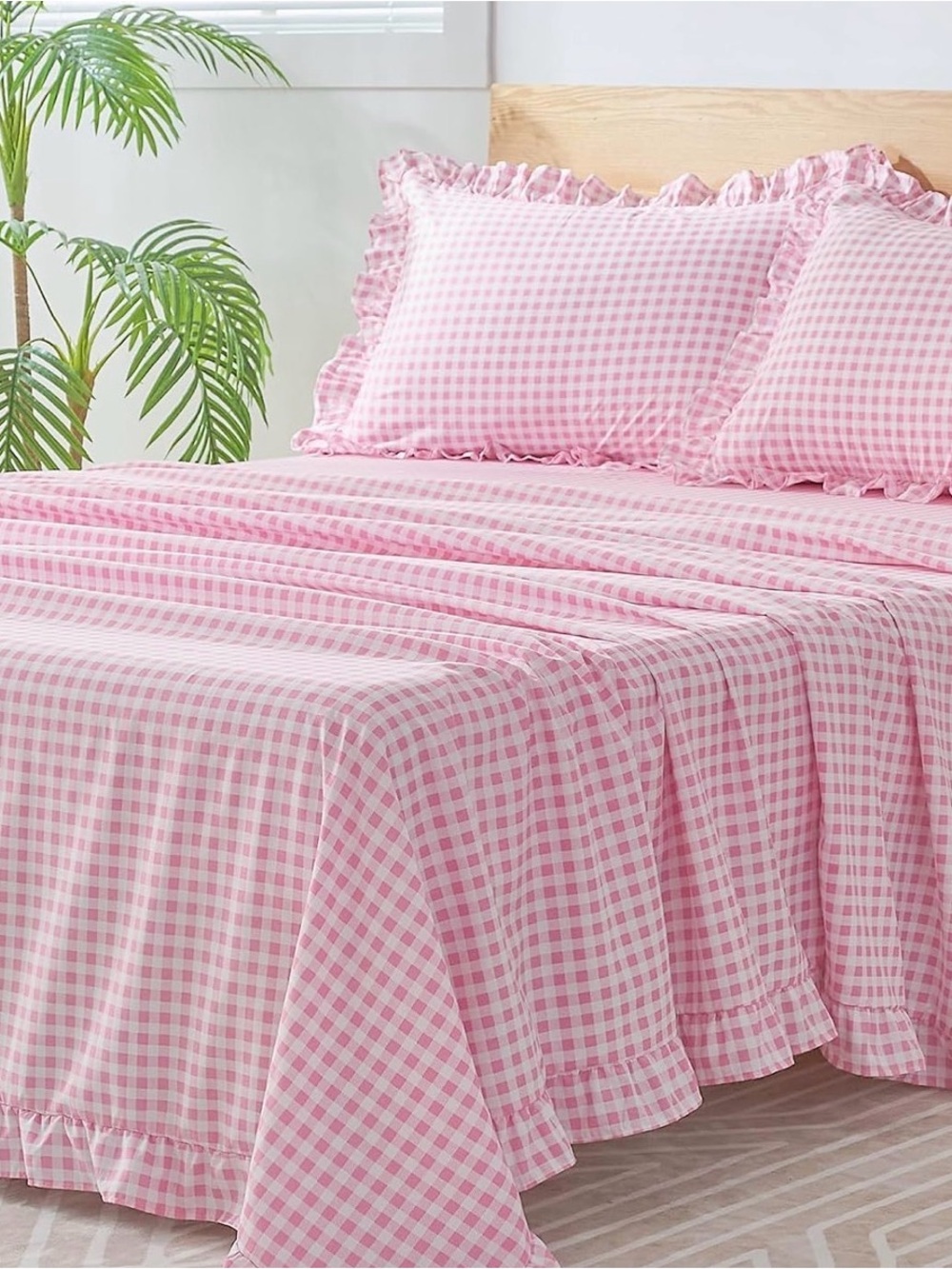Gingham Pink New Twin Sheet Set Decorate Farmhouse Ruffle